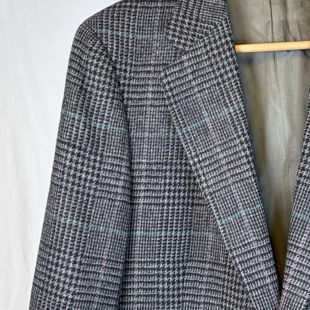 Vtg Polo University Club Ralph Lauren Wool Houndstooth Plaid Blazer Grey 42 USA